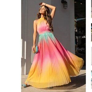 Rococo Sand Maxi dress women M Zale Halter Pink Multicolor Vacation Tropical